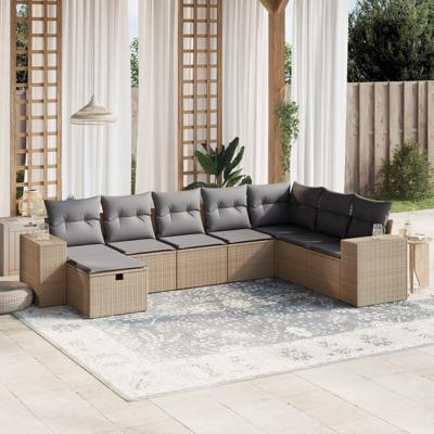 8-delige Loungeset met kussens poly rattan gemengd beige