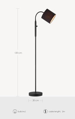Moderne Vloerlamp - 20/20/120cm - Zwart metalen Staande Leeslamp met Zwarte Stoffen Lampenkap - Inclusief LED E27 Lichtbron 9W 470Lm - Met schakelaar - voor woonkamer en Slaapkamer