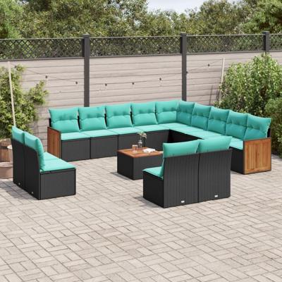 14-delige tuinbankset met kussens van zwart polyrotan