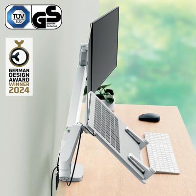 Leitz Ergo ruimtebesparende monitorarm, dubbele arm met 1 laptoparm, lichtgrijs
