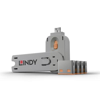 LINDY USB-Lock + Key USB-A-poortslot Set van 4 stuks Oranje Incl. 1 sleutel