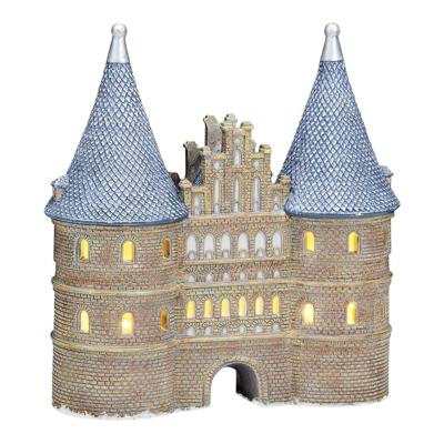 Wurm Lichthaus Holstentor Lübeck van porselein (inclusief verlichting voor 2 kaarsen), bruin/blauw (B/H/D) 20x22x8cm.