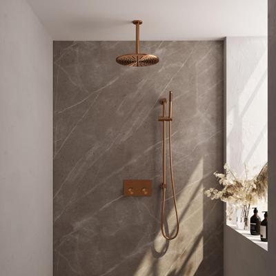 BRAUER Copper Carving thermostatische inbouw regendouche met drukknoppen SET 66 met 30 cm douchekop en plafondarm en staaf handdouche en doucheslang en geïntegreerde glijstang koper geborsteld PVD