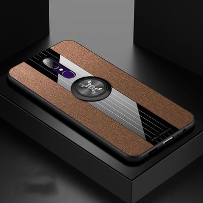 Voor OPPO A9 XINLI stiksels doek Textue schokbestendig TPU beschermhoes met ring houder (bruin)