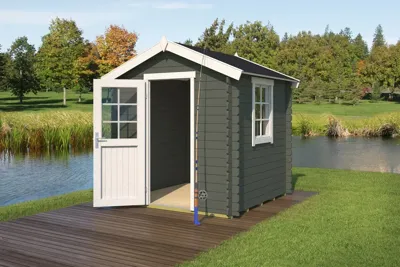 Outdoor Life Wels Blokhut 220x220 cm 28 mm vuren Green Grey-Wit gecoat- Zadeldak- - Outdoor Life Outdoor Life Wels Blokhut 220x220 cm 28 mm vuren Green Grey-Wit gecoat- Zadeldak- - Outdoor Life