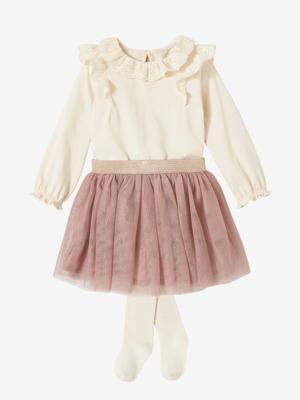 Meisjes-T-shirt met kraag van Engels borduurwerk en tule rokje babymeisje ecru