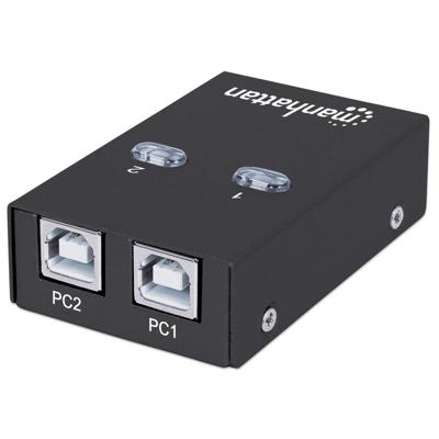 Manhattan USB-A automatische sharing switch, 2× USB-B, 480 Mbps (USB 2.0), dubbele bediening (auto-sensing of handmatig), USB-gevoed (geen externe voeding vereist), incl. 1× 1,5 m USB-A naar USB-B kabel