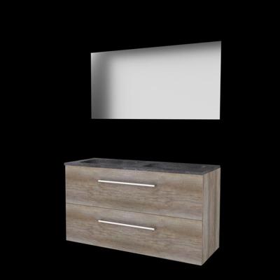 Basic-Line Ultimate 46 Badkamermeubelset - 120 x 46 cm - Met Grepen - 2 Lades - Hardstenen Wastafel - 2 Kraangaten - Spiegel met Indirecte LED Verlichting - Scotch Oak