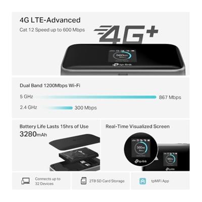 TP-Link M7750 wifi-zeep met SIM 4G+, Cat12 AC1200 dual-band, DL 600 Mbps/UL 150 Mbps, accu met 3280 mAh, type C-aansluiting, micro SD-kaart, touchscreen, ondersteunt tot 32 apparaten, tpMiFi-app