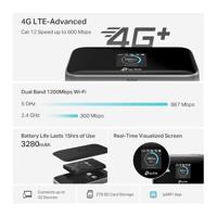 TP-Link M7750 wifi-zeep met SIM 4G+, Cat12 AC1200 dual-band, DL 600 Mbps/UL 150 Mbps, accu met 3280 mAh, type C-aansluiting, micro SD-kaart, touchscreen, ondersteunt tot 32 apparaten, tpMiFi-app - thumbnail