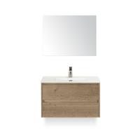 Dante Badmeubelset 80 cm - Natuur Eiken - Keramische Wastafel Wit Cover - met Spiegel - thumbnail