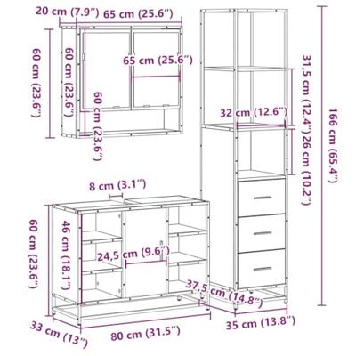 3-delige Badkamermeubelset bewerkt hout grijs sonoma eikenkleur
