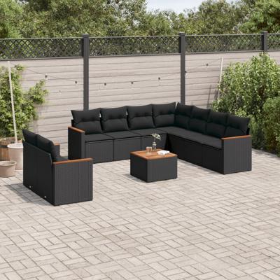 9-delige Loungeset met kussens poly rattan zwart