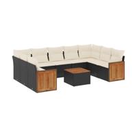 10-delige Loungeset met kussens poly rattan zwart - thumbnail