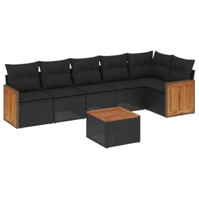 7-delige Loungeset met kussens poly rattan zwart