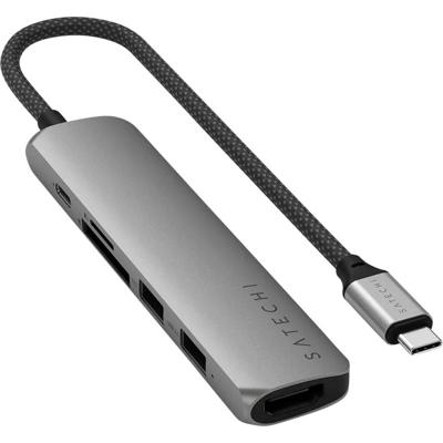 SATECHI Hub USB C 6-in-1 Slim Plus, Adapter Met HDMI 4K, PD-Lading 100W, 2 USB-A-Poorten, Micro/SD Kaartlezer, Voor MacBook, Windows En Apparaten Met Type-C Technologie, Ruimtegrijs
