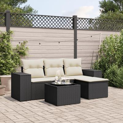 5-delige Loungeset met kussens poly rattan zwart - thumbnail