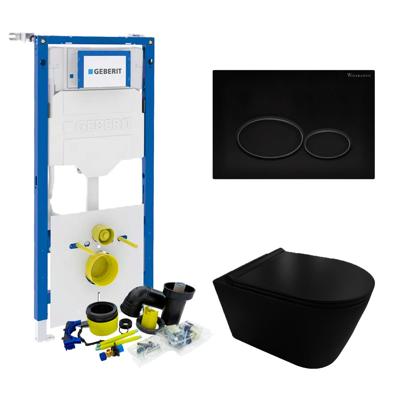 Geberit UP320 Toiletset Compleet | Inbouwreservoir | Civita Black Randloos Mat Zwart | Set 44 met drukplaat