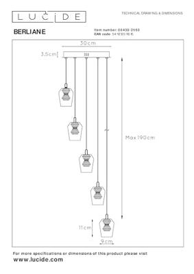 Lucide BERLIANE - Hanglamp - Ø 34 cm - LED Dimb. - 5x4W 2700K - Met vervangbare LED-module - Transparant | Essential - thumbnail