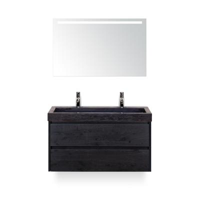Dante Badmeubelset 100 cm - Black Oak - Wastafel Hardsteen Wit Lucca 2 kraangaten - met Sence Spiegel
