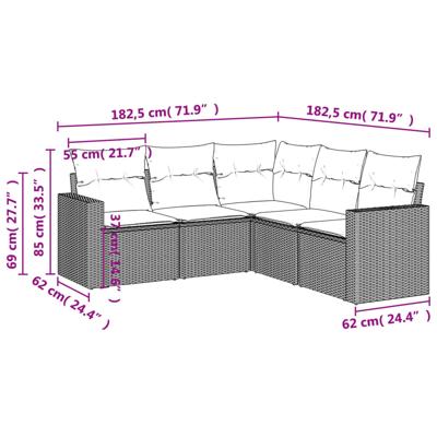 5-delige Loungeset met kussens poly rattan grijs - thumbnail