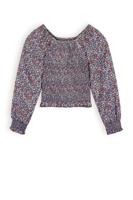 NoBell Meisjes blouse smocked bloemen - Tessa - Grijs navy blauw - thumbnail
