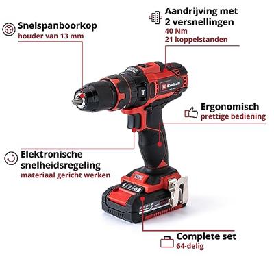 Einhell TE-CD 18/40 Li-i +64 (2x2,0Ah) Accu-klopboor/schroefmachine 2 snelheden Incl. 2 accus, Incl. lader, Incl. koffer