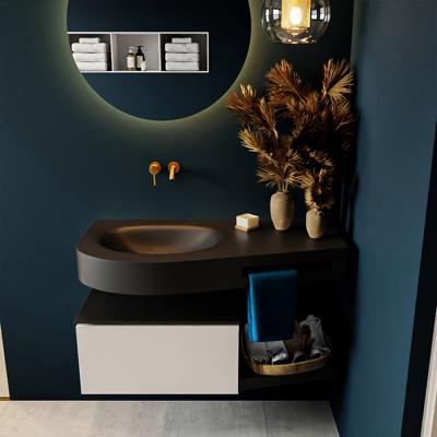 MONDIAZ RIVA 100cm badmeubel onderkast / planchet kleur Linen met 1 lade. Wastafel DULCET links 0 kraangaten kleur Urban.