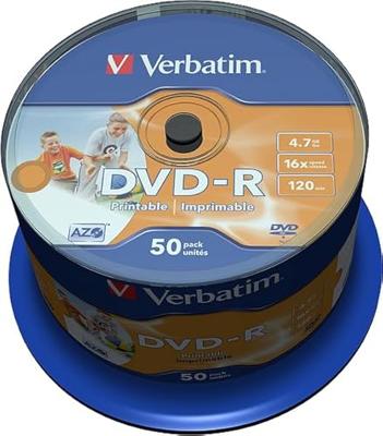 Verbatim 43533 DVD-R AZO 4,7 GB - 16x brandsnelheid, bedrukbaar, pak van 50 Spindle, zilver