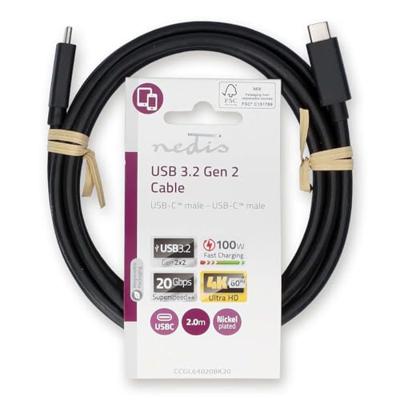 Nedis USB-Kabel | USB 3.2 Gen 2x2 | USB-C Male | USB-C Male | 100 W | 4K@60Hz | 20 Gbps | Vernikkeld | 2.00 m | Rond | PVC | Zwart | Label -