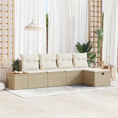 5-delig tuinbankstel met kussens in beige poly rattan