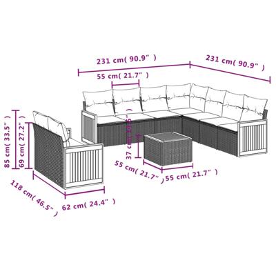 9-delige Loungeset met kussens poly rattan grijs