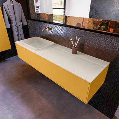 Badkamermeubelset Mondiaz Erin 150 cm met 1 Lade met RIDGE Wastafel Links Linen Zonder Kraangaten Greeploos Mat Ocher