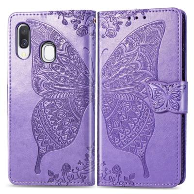 Butterfly Love bloemen reliëf horizontale Flip lederen case voor Galaxy A40 met houder & kaartsleuven & portemonnee & Lanyard (licht paars)