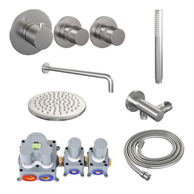 Inbouw Regendouche Set Brauer Brushed Edition Gebogen Wanduitloop Ronde Hoofddouche 20 cm Met Twee Stopkranen RVS Look Brauer