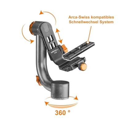 Walimex pro Carbon Gimbal Head statiefkop C15 - hoogwaardig 360 graden panoramafel aapschommel met Arca snelwisselplaat, draagvermogen 20 kg, met tas, voor DSLR DSLM spotting objectief