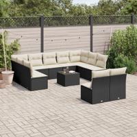12-delige Loungeset met kussens poly rattan zwart - thumbnail