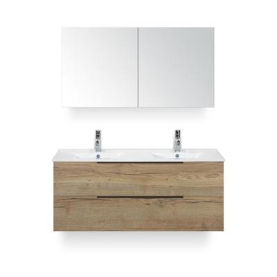 Seville Badmeubelset 120 cm - 2 laden Natuur Eik Edge - Wastafel Enjoy Dubbel - met Spiegelkast