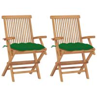 Tuinstoelen 2 st met groene kussens massief teakhout - thumbnail