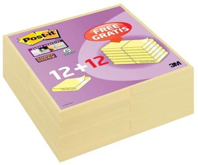 Post-it super Sticky notes, 90 vel, ft 76 x 76 mm, geel, pak van 12 blokken + 12 gratis