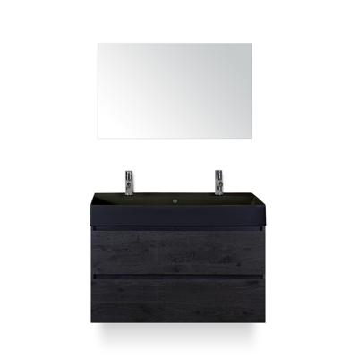 Maxx XL Badmeubelset 100 cm - Black Oak - Wastafel Kube Zwart 2 kraangaten - met Spiegel