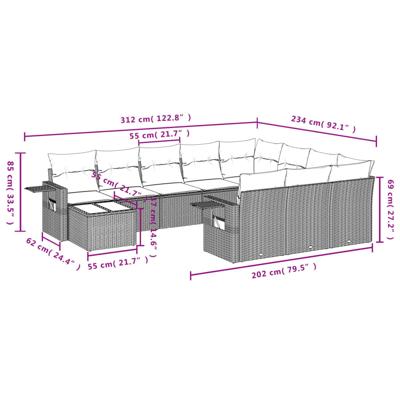 11-delige Loungeset met kussens poly rattan bruin - thumbnail