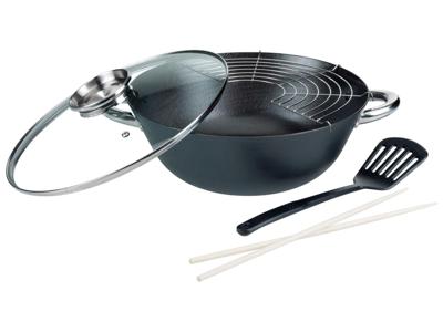 GSW wokset, 5-delig, roestvrijstalen handgrepen, aroma glazen deksel, gemaakt van gietijzer, met rekje GSW wokset, 5-delig, roestvrijstalen handgrepen, aroma glazen deksel, gemaakt van gietijzer, met rekje