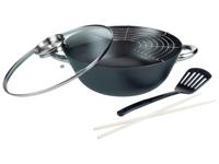 GSW wokset, 5-delig, roestvrijstalen handgrepen, aroma glazen deksel, gemaakt van gietijzer, met rekje - thumbnail