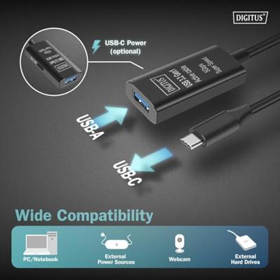 Digitus DA-73110 USB-kabel USB 3.2 Gen1, USB 3.2 Gen1, USB 3.0 USB-C, USB-C stekker, USB-A bus 5.00 m Zwart Actief met signaalversterking, Stekker past op