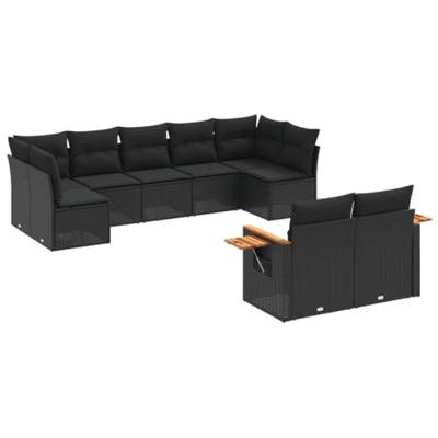 9-delige Loungeset met kussens poly rattan zwart