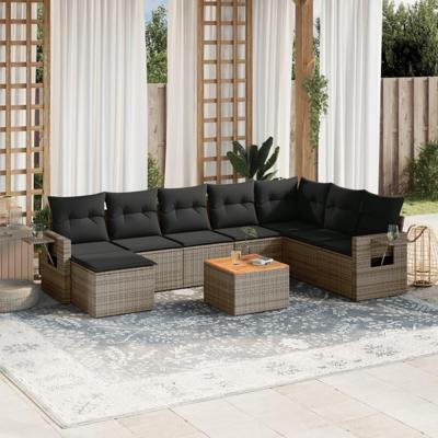 9-delige Loungeset met kussens poly rattan grijs