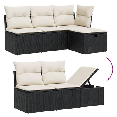 5-delige Loungeset met kussens poly rattan zwart