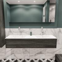 Mondiaz Lush Cloud badmeubel eiken Dark brown 150 cm 1 lade solid surface dubbele spoelbak 2 kraangaten - thumbnail