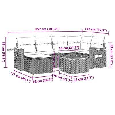 7-delige Loungeset met kussens poly rattan grijs